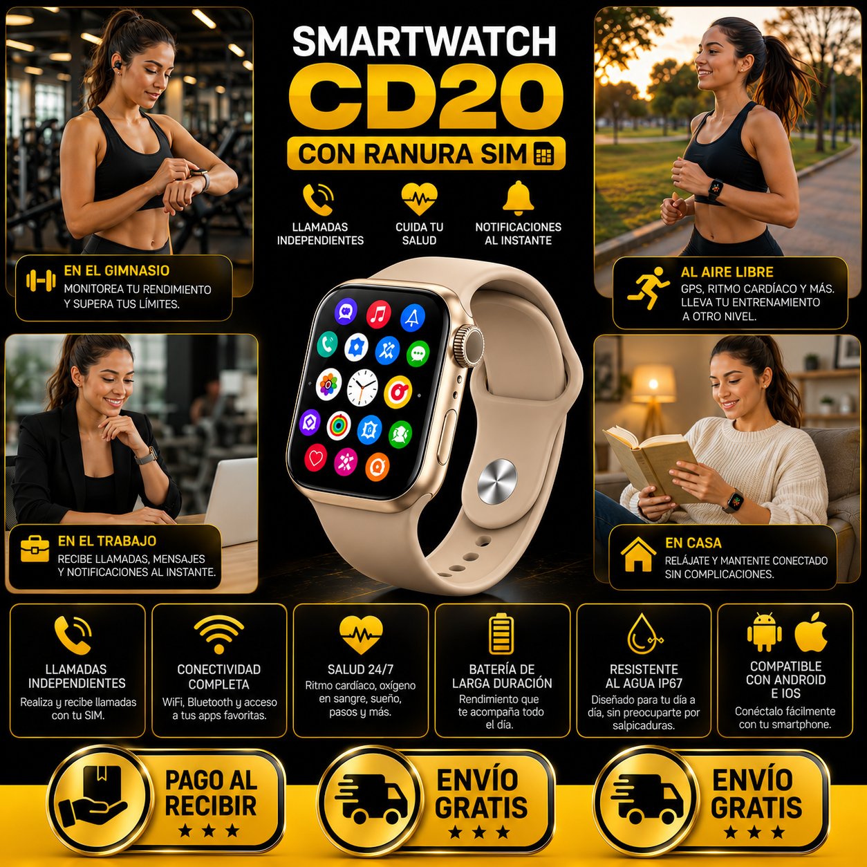 SMARTWATCH CD20 CON RANURA SIM ACOMPAÑA CARGADOR POR INDUCCIÓN