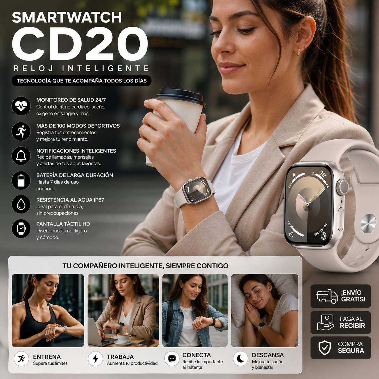 SMARTWATCH CD20 CON RANURA SIM ACOMPAÑA CARGADOR POR INDUCCIÓN