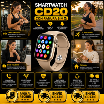 SMARTWATCH CD20 CON RANURA SIM ACOMPAÑA CARGADOR POR INDUCCIÓN