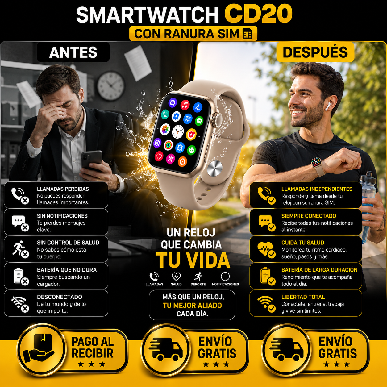 SMARTWATCH CD20 CON RANURA SIM ACOMPAÑA CARGADOR POR INDUCCIÓN