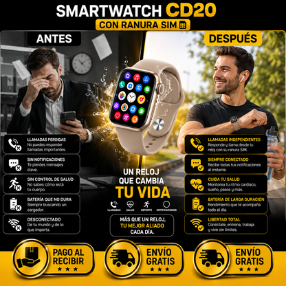 SMARTWATCH CD20 CON RANURA SIM ACOMPAÑA CARGADOR POR INDUCCIÓN