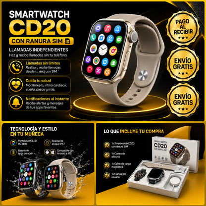 SMARTWATCH CD20 CON RANURA SIM ACOMPAÑA CARGADOR POR INDUCCIÓN