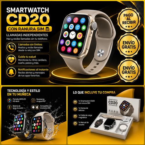 SMARTWATCH CD20 CON RANURA SIM ACOMPAÑA CARGADOR POR INDUCCIÓN