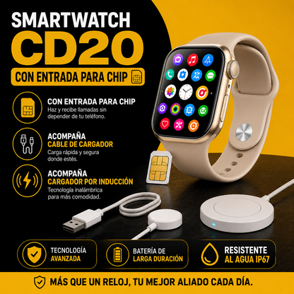 SMARTWATCH CD20 CON RANURA SIM ACOMPAÑA CARGADOR POR INDUCCIÓN